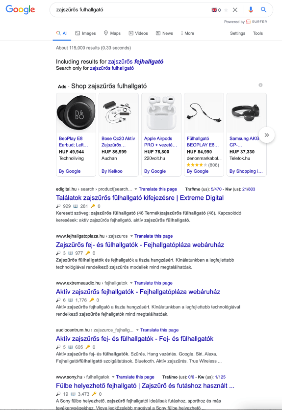 Google találatok, zajszűrős fulhallgatóra